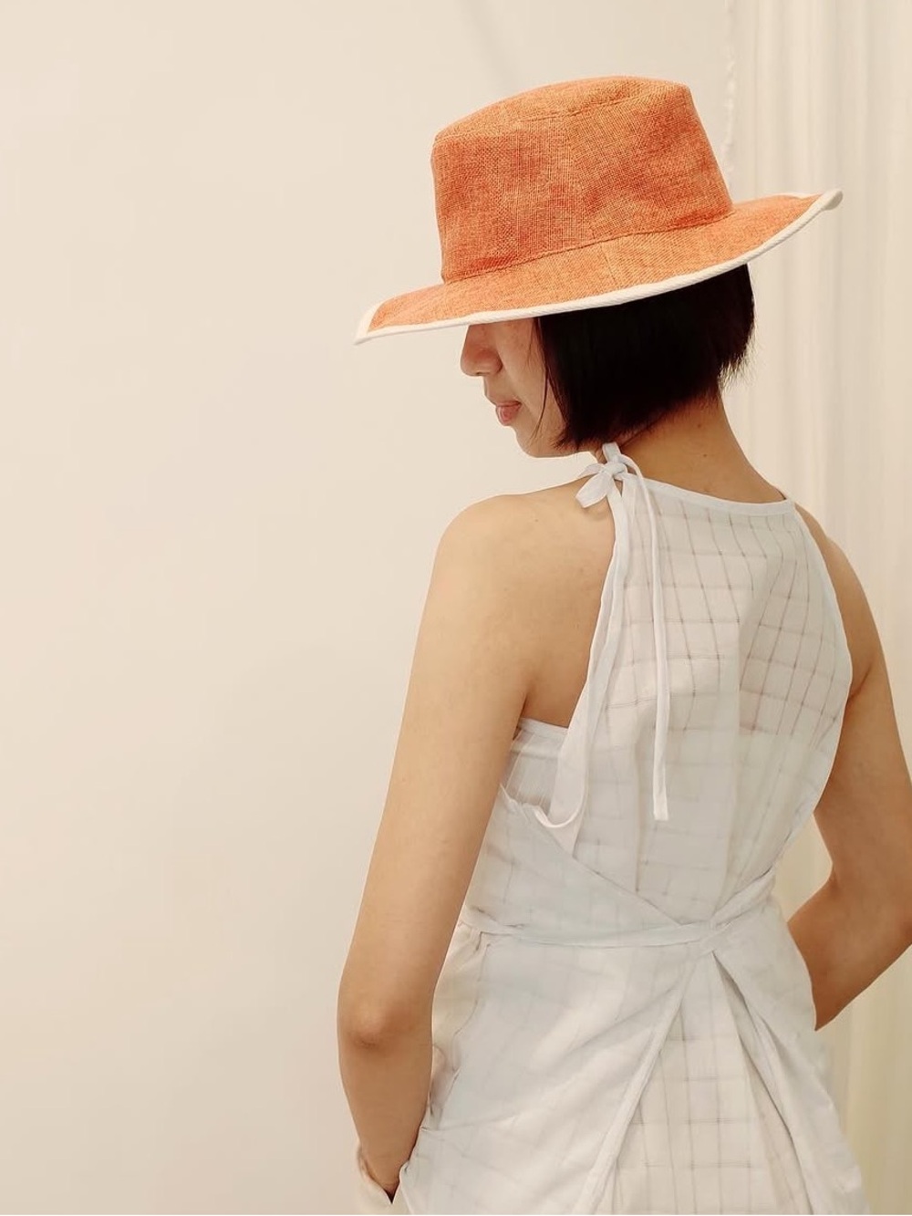 Bright Orange Summer Top with Matching Straw Hat Yang Han
